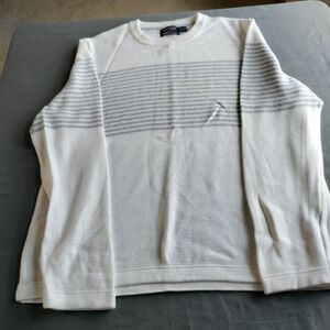 Nautica Sweater Men XL Gray/White Striped Fisherman Old Money Casual Long Sleeve